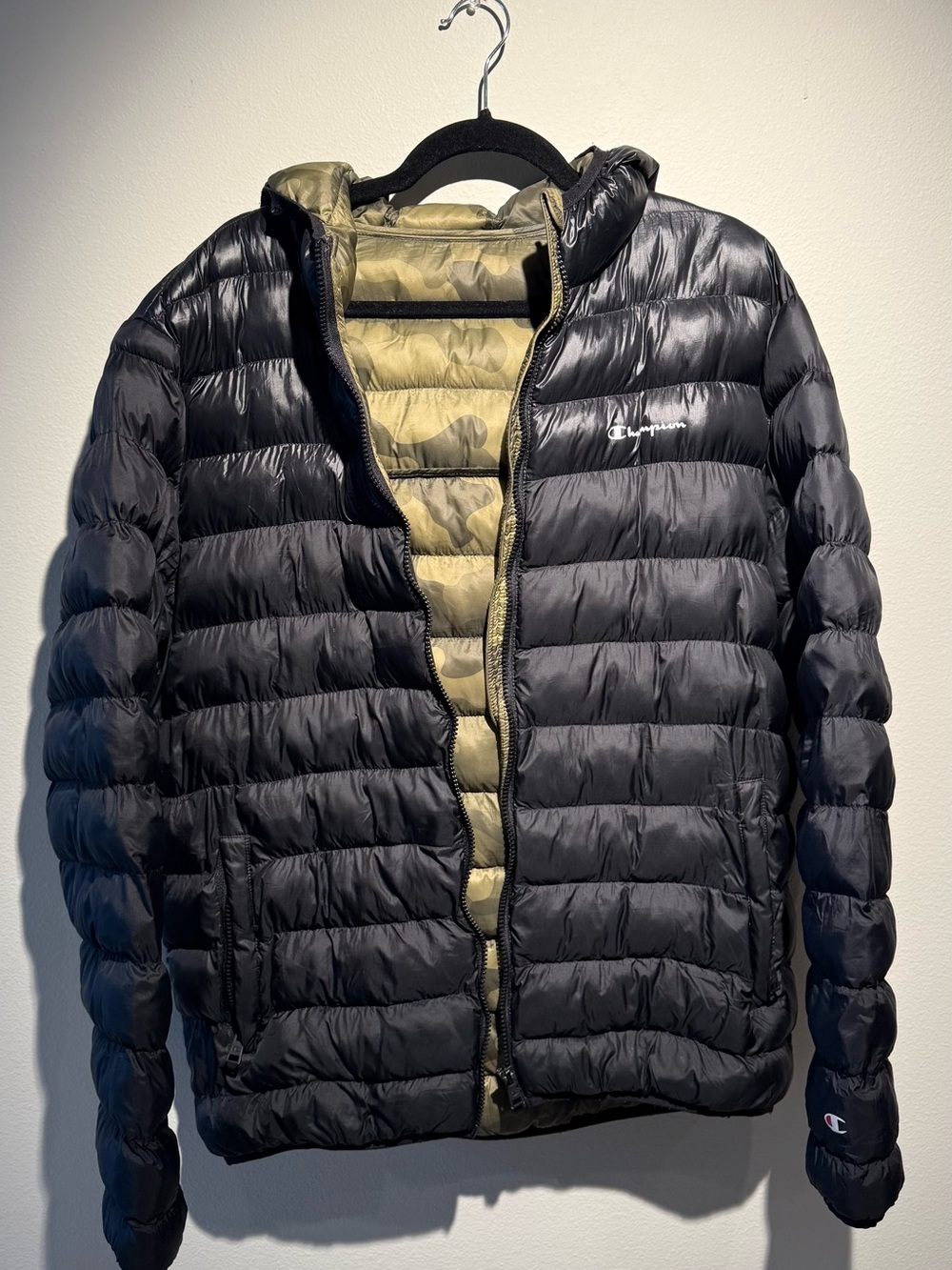 Champion Men’s Black Puffer Jacket with Olive Reversible Lining